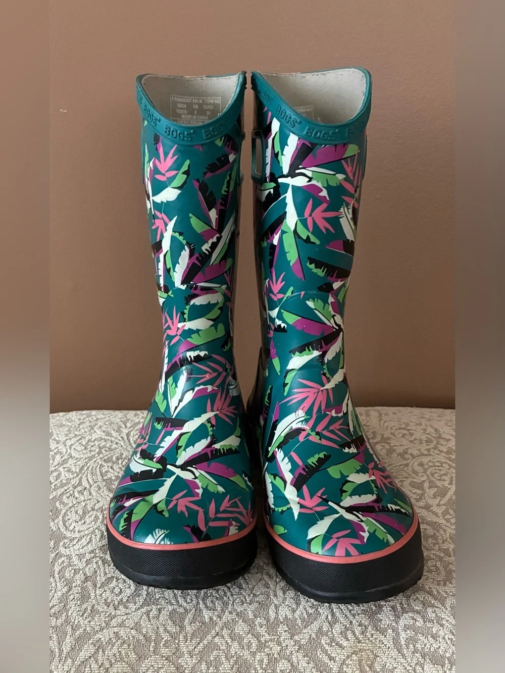 Kid’s Bog “Palm” Rainboots, Youth Sz. 5, Waterproof, Teal/Green/Pink